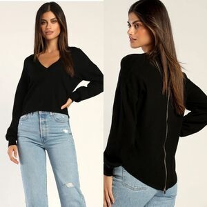 Lulus Zip to My Lou Black V-Neck Sweater Top Size Small
